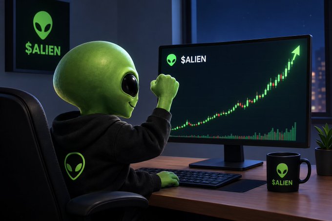 A green alien character wearing a "$ALIEN" hoodie excitedly watches a sharply rising green candlestick chart on a monitor, mirroring the post's theme of $alien quietly building momentum as the community strengthens. Branded merchandise like the "$ALIEN" mug and wall sign reinforce the project's growing brand presence beyond just price action.