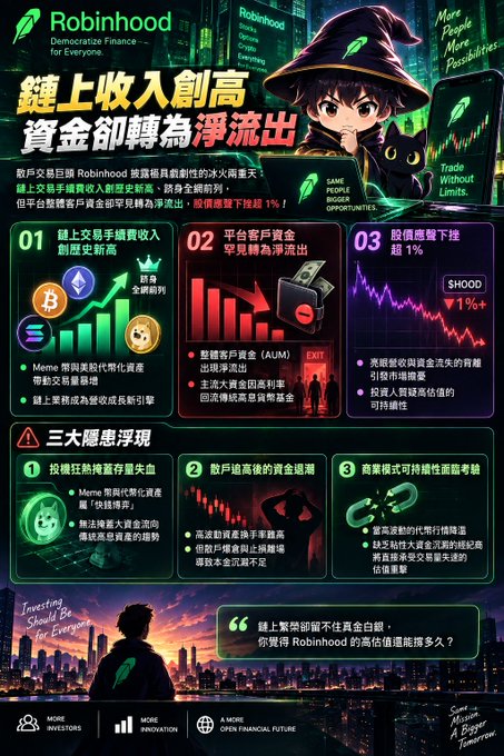 An infographic-style poster titled "鏈上收入創高 資金卻轉為淨流出" (On-chain revenue hits new high, yet funds turn to net outflow) about Robinhood, showing charts, cryptocurrency symbols, and a wizard character in a green hat.