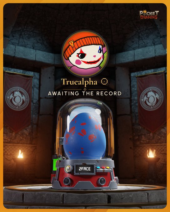 A digital collectible card titled 'Truealpha' from 'Pocket Dragons' shows an avatar above a glass dome containing a blue egg with red spots, with '2FACE' labeled on the base.