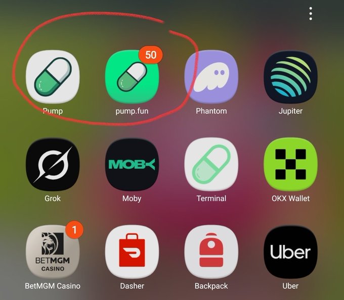 A mobile phone home screen displays various app icons, with a red circle drawn around the 'Pump' and 'pump.fun' apps (the latter showing 50 notifications) located next to the Phantom and Jupiter apps.