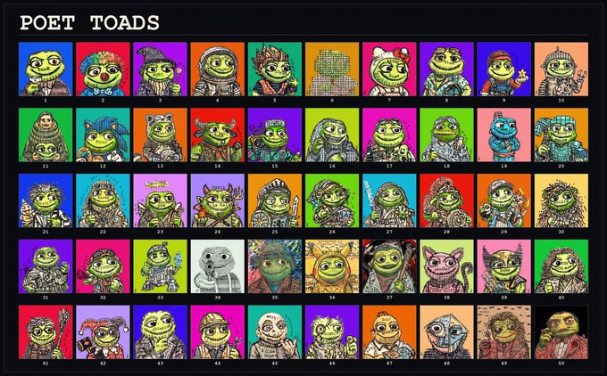 A colorful grid display titled 'POET TOADS' showcases 50 unique cartoon frog and toad characters, each with different accessories and backgrounds against vibrant colored squares.