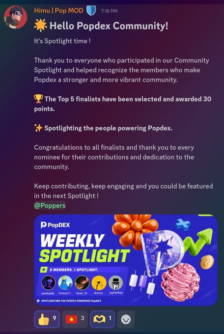 A Discord announcement from "Himu | Pop MOD" at 7:18 PM celebrates the Popdex Community Spotlight, congratulating the top 5 finalists who each received 30 points. The post features a "Weekly Spotlight" banner showing five recognized members—sechko, temp011, bran_81, Eiknoh, and Joyinho—and received 9 thumbs up, 3 stars, and 1 "GM" reaction. This aligns with the accompanying post celebrating a 4th Community Spotlight recognition, likely referring to one of the featured members (possibly Eiknoh) being honored for consistent contributions.