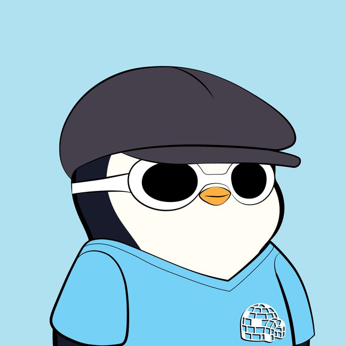 Cartoon illustration of a penguin character wearing a dark newsboy cap, white-rimmed sunglasses, and a light blue v-neck shirt with a small igloo logo against a light blue background.