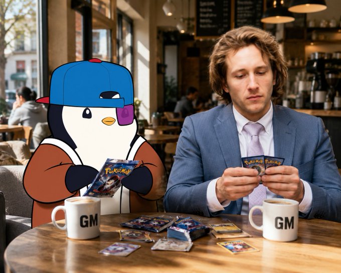 In a cafe, a man in a suit sits at a table looking at Pokémon cards alongside an animated penguin character; both have white mugs labeled 'GM' in front of them.