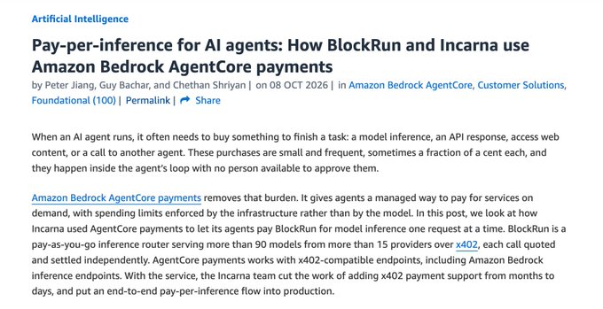 An article page from Amazon Bedrock AgentCore is titled 'Pay-per-inference for AI agents: How BlockRun and Incarna use Amazon Bedrock AgentCore payments,' credited to Peter Jiang, Guy Bachar, and Chethan Shriyan, and dated 08 Oct 2026.