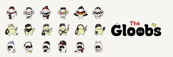 The image displays a collection of cartoon characters called "The Gloobs," featuring various numbered figures in different outfits and poses alongside the project's logo. The characters serve as mascots for the NFT collection being celebrated in the accompanying post, which highlights milestones including 10,000 minted tokens and 519 burned since the project's launch 23 days prior.