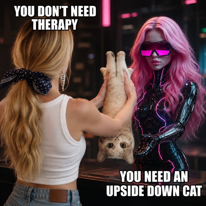 The image features a woman holding a cat that is upside down, with its head above her shoulder and its body below her arm. The caption of the image reads "You need an Upside Down Cat", which seems to be a reference to the popular meme or joke about cats being upside down. This humorous statement suggests that the person who posted this image might have been referencing the Upside Down Cat meme, which is known for its playful and lighthearted nature.