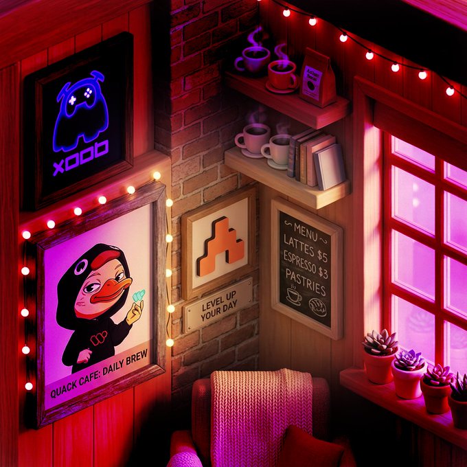 The image shows a cozy corner of a room with a chair, potted plants, and various items such as books and cups. The scene also features a poster or sign hanging above the chair that says "Xkcd". There are multiple coffee mugs on display in the room, suggesting it could be a coffee shop or a space designed for relaxation and enjoyment of beverages.