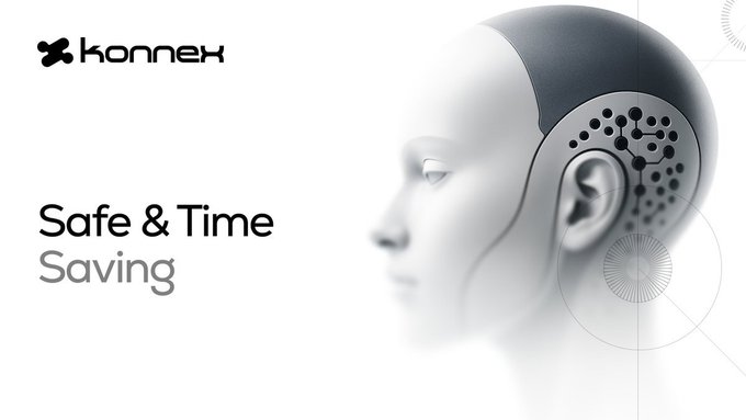 A clean, minimalist advertisement for Konnek featuring a 3D rendered silver humanoid head with circuit-like patterns, accompanied by the tagline 'Safe & Time Saving.'