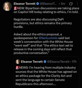 A series of tweets from Eleanor Terrett (@EleanorT...) reporting that bipartisan discussions on Capitol Hill are taking place regarding ethics, DeFi provisions, and the Clarity Act, with the White House reportedly agreeing to ethics package language.