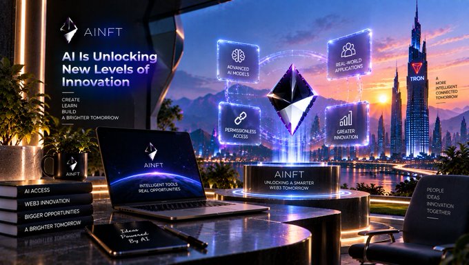 A promotional graphic for "AINFT" with the tagline "AI Is Unlocking New Levels of Innovation," showing holographic panels with icons for "ADVANCED AI MODELS," "REAL-WORLD APPLICATIONS," and "GREATER INNOVATION."