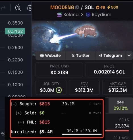 A screenshot of the MOODENG/SOL token on Raydium shows a trader who bought $815 of the token (30.1M tokens) with a current unrealized profit of $9.4M, despite the token's 24H price dropping 29.12%. This illustrates the extreme volatility and profit potential in meme coins, supporting the post's bullish claim about the current bull run producing massive wins.