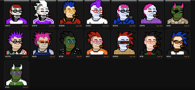 Gallery of pixel art avatars (CryptoPunks-style) featuring various characters with unique hairstyles, colors, and accessories, each labeled with a number and 'Sub 1k'.