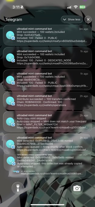The image displays Telegram notifications from the "ultradad mint command bot" indicating successful mints and distributions with wallet counts and transaction details, aligning with the post's "Good stuff" sentiment.