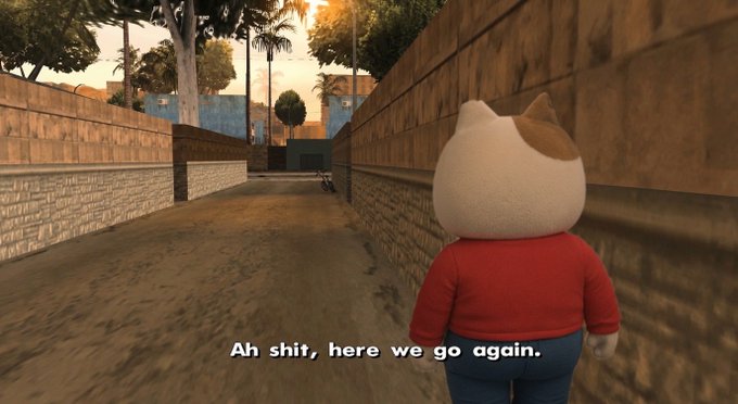 A cat character in a red hoodie walks down a sunny alleyway with the caption "Ah shit, here we go again."
