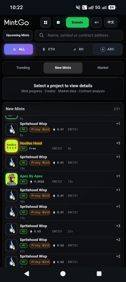 A mobile screenshot of an app called "MintGo" showing a list of "New Mints" with the top entry being "Spritehood Wisp" priced at 0.01 ETH.