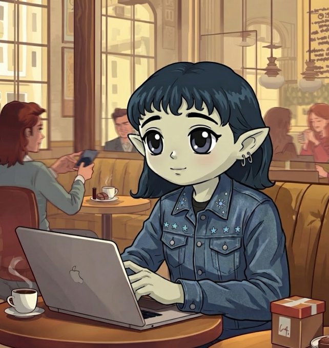 Anime-style illustration of a green-skinned, pointed-ear character with dark hair working on an Apple laptop at a café table, with a coffee cup and gift box nearby.