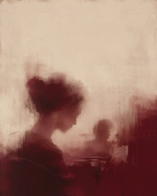 A shadowy silhouette of a figure with downcast features emerges from hazy crimson and sepia tones, evoking the "silence" referenced in the caption. The ethereal, contemplative atmosphere of the painting mirrors the introspective sentiment of "distances measured in silence," presented as a unique 1/1 piece.