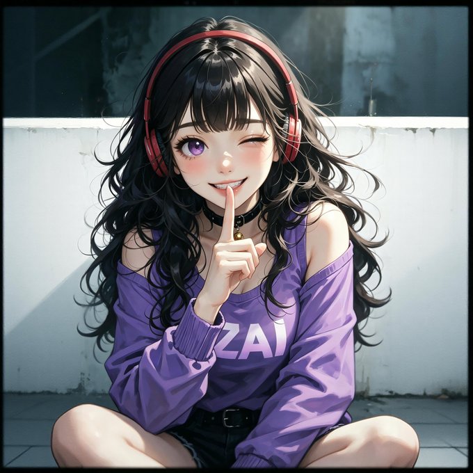 An anime-style girl with long black hair and red headphones winks playfully while pressing a finger to her lips, sitting in a purple off-shoulder sweatshirt that displays the text "ZAI." Her secretive "shh" gesture perfectly matches the teasing "Psst… what day is it today?!" caption, as if she's sharing a hidden secret or hint.