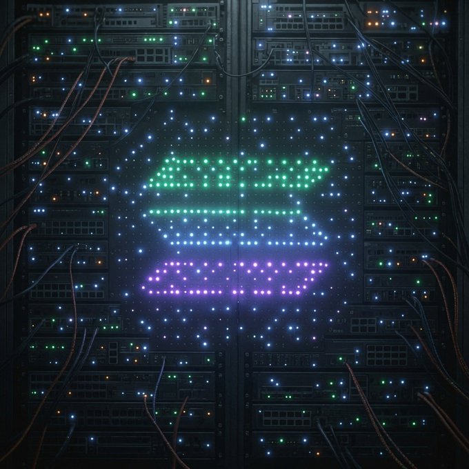 A dark server rack filled with tangled cables and glowing indicator lights forms the backdrop, with a large display of LEDs in the center spelling out "SOLANA" in stacked rows of green, blue, and purple dots—visually tying the blockchain's name to the high-tech infrastructure it's often associated with. The illuminated text against the rack of blinking servers reinforces the post's bold claim that "solana is the future of finance!"