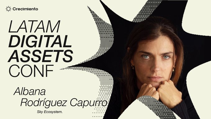 A promotional banner for the 'LATAM DIGITAL ASSETS CONF' featuring a photo of Albana Rodríguez Capurro from Sky Ecosystem, set against a black and white dotted background with Crecimiento branding.