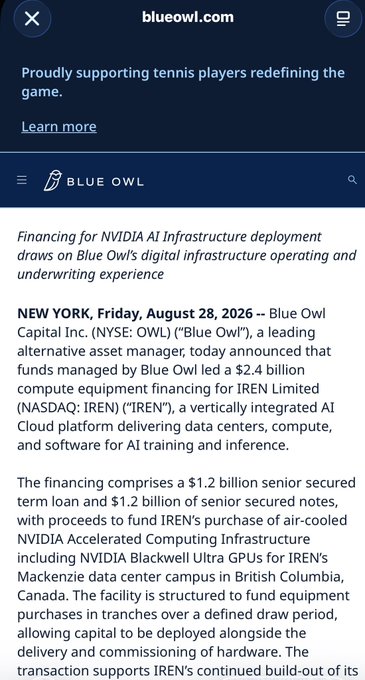 A screenshot of a Blue Owl press release announcing a $2.4 billion debt financing (comprising a $1.2 billion senior secured term loan and $1.2 billion in senior secured notes) for IREN Limited (NASDAQ: IREN) to fund NVIDIA Blackwell Ultra GPUs for AI data centers in British Columbia. The image relates to the accompanying post's "no dilution" joke by highlighting that IREN's $2.4 billion AI infrastructure build-out is being funded through substantial debt rather than equity issuance.