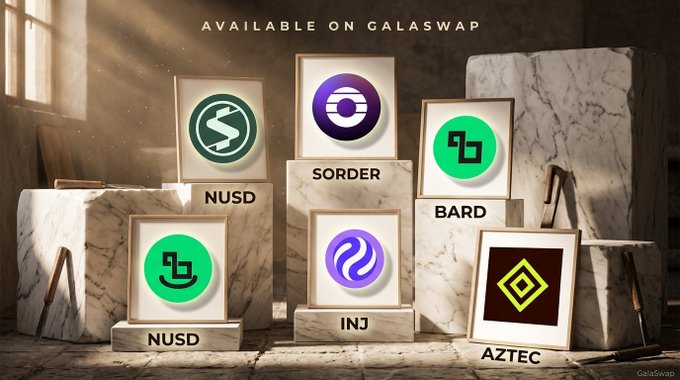The image showcases new tokens—NUSD, SORDER, BARD, INJ, and AZTEC—now available for trading on GalaSwap, presented as framed artwork displayed on marble blocks. This visually represents the expansion of trading options as mentioned in the accompanying post.