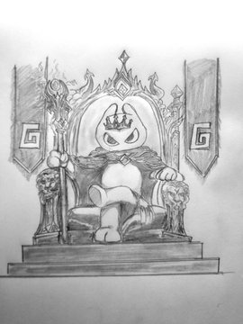 A pencil sketch of a crowned, cat-like character sitting regally on an ornate throne holding a staff.