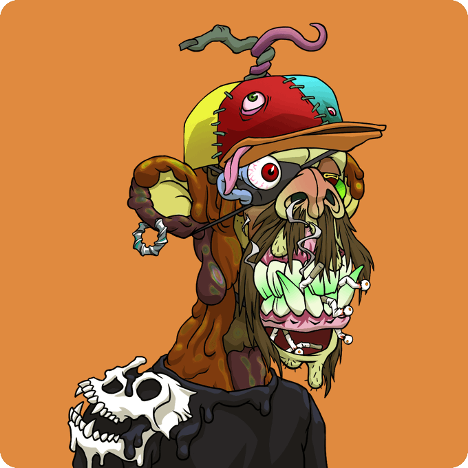 A grotesque cartoon mutant creature with bulging eyes, oversized jagged teeth, a tattered beard, and a multicolored stitched cap sits atop a skull against an orange background. The chaotic, exaggerated character design reflects the "Mutant #26519" NFT referenced in the post, which was purchased for 1.51 WETH via the OpenSea collection "Return to Monke."