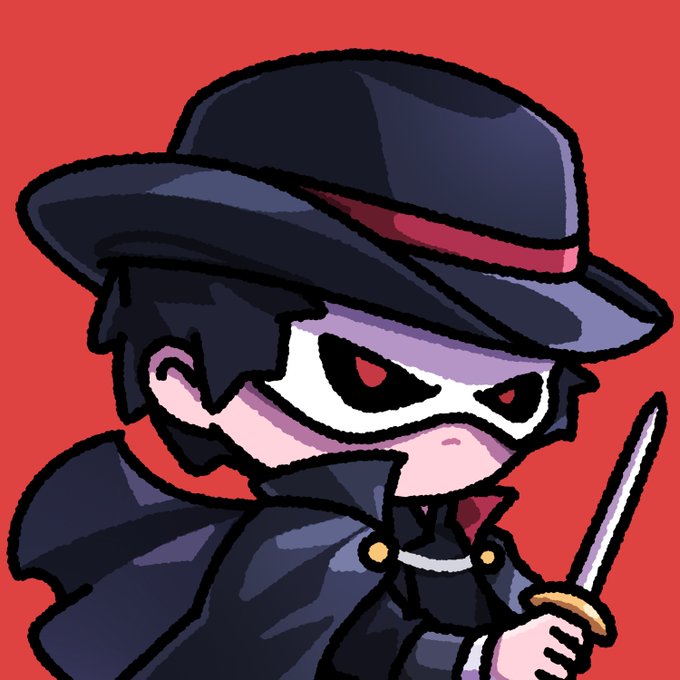 A cartoon illustration of a chibi character dressed as a ninja, wearing a black hat and mask, and holding a sword against a red background.