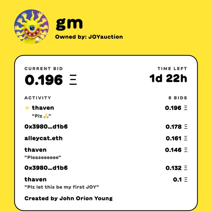 NFT auction page for a 'gm' token owned by JOYauction by John Orion Young, showing a current bid of 0.196 ETH with 1d 22h remaining and bid history.