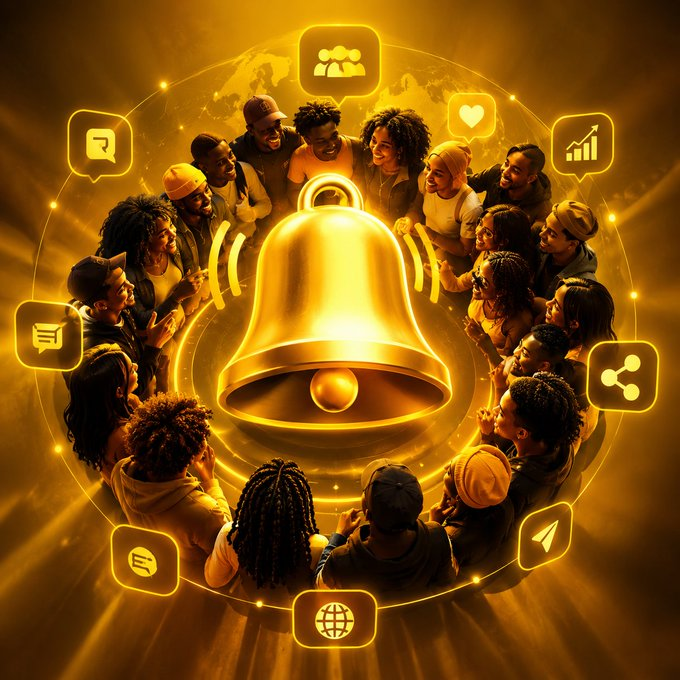 A stylized digital illustration of a diverse group of people gathered in a circle around a large, glowing golden bell emitting notification waves, surrounded by various floating social media and communication icons.