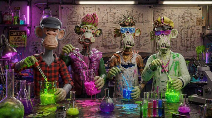 Four cartoonish monkeys wearing hats and glasses, covered in glowing neon paint splatters, working as scientists in a laboratory with beakers of colorful liquids.