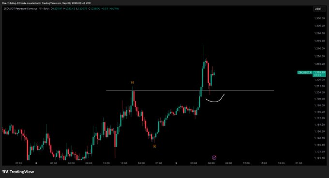 A TradingView chart showing ZEC/USDT Perpetual Contract on the 30-minute timeframe, with the price at $1,233.4 (+3.25%, +$39.24). The chart highlights a recent breakout above the $1,200 resistance level, with a curved arrow drawn to indicate an expected retest of this broken resistance as support.