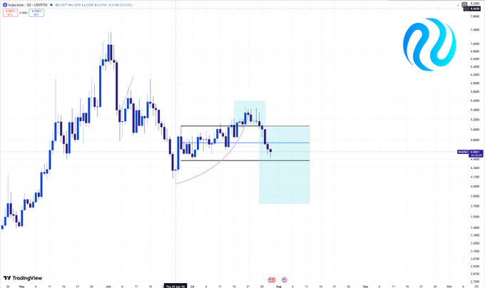 A TradingView daily chart of Injective (INJ/USD) showing a recent breakdown below a key support zone around $4.80-$5.00, with a shaded downside target area extending lower, illustrating the multi-timeframe short setup shared in the group.