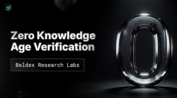 A dark promotional graphic with white text reading 'Zero Knowledge Age Verification' and 'Beldex Research Labs' next to a metallic 3D '0' figure.