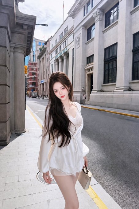 A young woman in a flowing white dress poses on a city sidewalk lined with classical stone buildings, holding a small handbag. The serene, elegant portrait complements her reflective birthday post about entering an emotional "infinite state," capturing a quiet, contemplative moment before her special day.