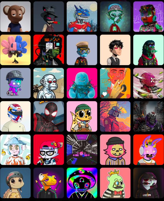 A 5x6 grid of digital NFT-style avatar illustrations featuring various characters, including monkeys, masked figures, robots, and fantasy creatures, set against colorful, varied backgrounds.