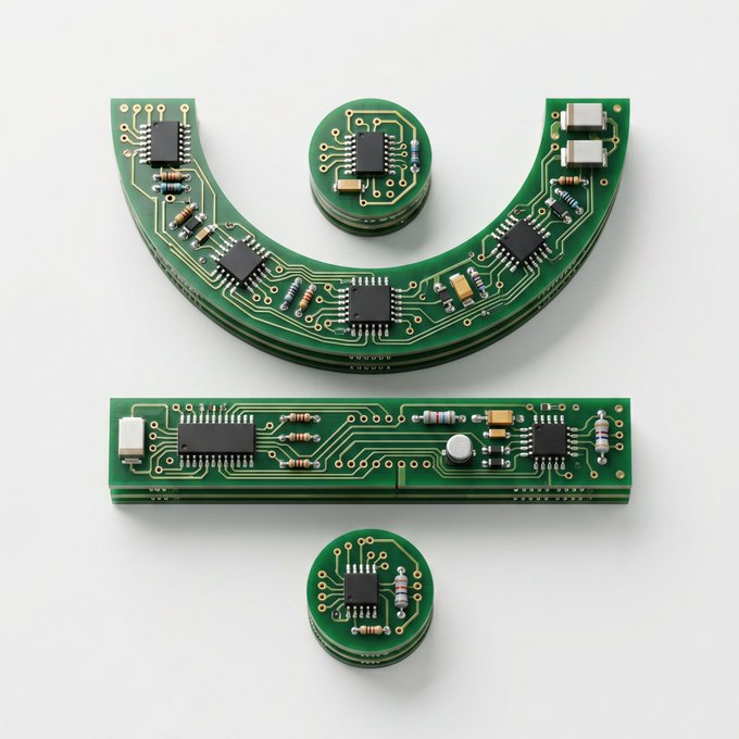 A green printed circuit board (PCB) shaped like a Wi-Fi or signal symbol, featuring various chips, resistors, and components arranged in curved and linear segments.