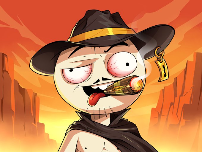 A cartoonish, bloodshot-eyed figure wearing a cowboy hat and bandana smokes a bullet labeled "WRECKERS" in a Wild West desert, tying into the post's Western-inspired Wrecked NFT trait entry for the contest.
