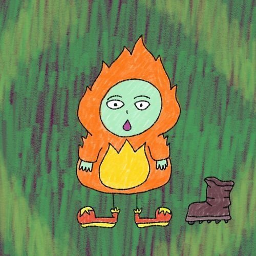A child's crayon drawing of a green-faced flame character wearing a flame hood, standing next to a brown boot on a green background.