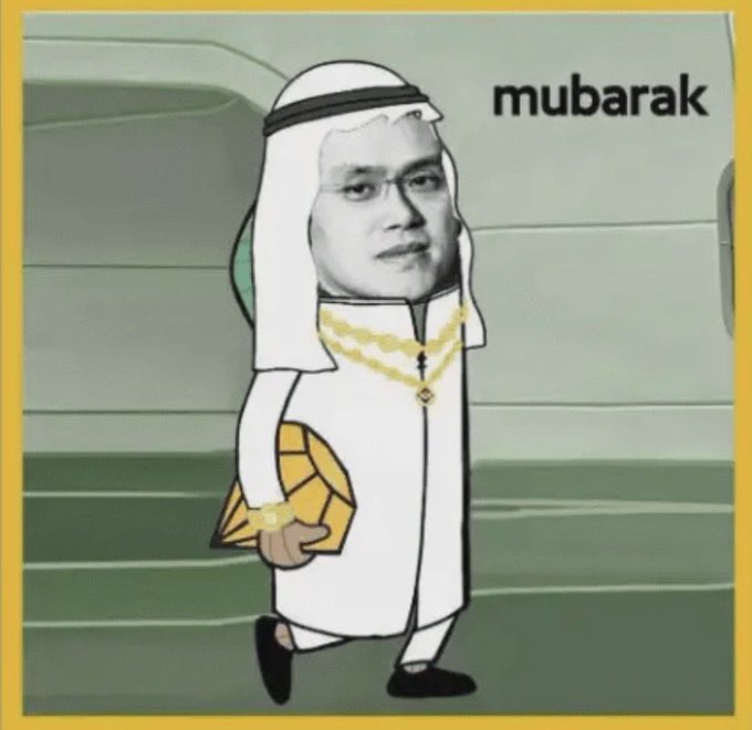 A cartoon character with a real human face wearing traditional Arab clothing and holding a turtle is labeled 'mubarak' in the top right corner.