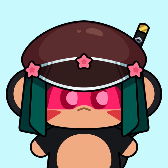 A cartoon monkey character wearing a dark outfit and a military-style cap adorned with pink stars has glowing pink eyes with vertical slit pupils.