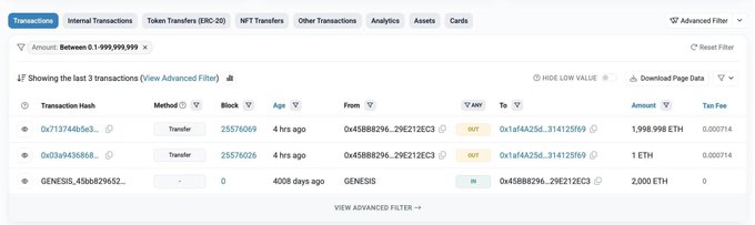 An Etherscan transaction list showing the last 3 transfers, including a 1.998 ETH transfer and 1 ETH transfer from address 0x45888296...29E212EC3 to 0x1af4A256...314125f69.