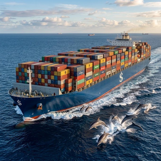 A massive container ship sails through open waters, accompanied by a pod of dolphins leaping at its bow, with stacks of colorful shipping containers visible on deck. The image complements the post's message by visually representing maritime activity—ships at sea—becoming the foundation for a transparent, verifiable onchain intelligence layer through projects like Ethra.