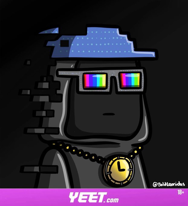 A stylized illustration shows a gray Lego-like character wearing rainbow-colored "deal with it" glasses, a large gold chain with a clock pendant, and a blue digital-patterned hat on a black background, signed "@BoldLeonidas" with "YEET.com" branding and an "18+" label at the bottom. The image ties into the crypto market update from @yeet on Yeet.com, where the flashy, meme-inspired character visually represents the bullish crypto rally highlighted by the post's stats showing BTC, ETH, BNB, and SOL all trending upward.