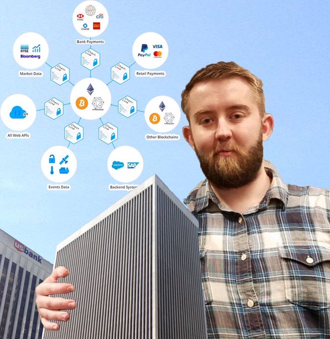 A bearded man in a plaid shirt stands before a US Bank building holding a network diagram connecting services like 'Bank Payments' (HSBC, Chase, Citi), 'Market Data' (NYSE, Bloomberg), 'Retail Payments' (PayPal, Visa, Mastercard), 'All Web APIs', 'Other Blockchains' (Ethereum, Solana), 'Events Data', and 'Backend System' (Salesforce, SAP) through various blockchain nodes.