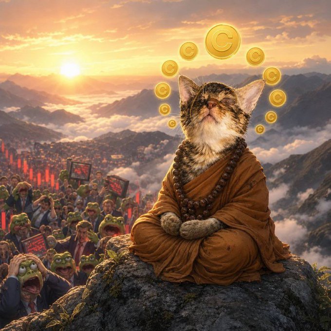 A serene cat in monk robes meditates atop a misty mountain peak with golden "$CATE" coins floating above, while below, a chaotic crowd of wide-eyed frogs desperately scrambles and clutches red signs—symbolizing the frenzied speculation surrounding the community-driven $CATE meme-coin and the contrast between spiritual calm and market chaos.