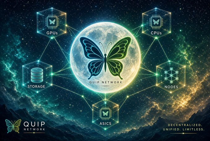A cosmic scene features a glowing moon displaying the "QUIP NETWORK" butterfly logo, surrounded by interconnected hexagonal nodes labeled "GPUs," "CPUs," "STORAGE," "NODES," and "ASICS," set against a starry nebula. The tagline "DECENTRALIZED. UNIFIED. LIMITLESS." appears alongside the Quip Network branding, visually representing the project's vision of integrating diverse computing resources into a secure, unified ecosystem.