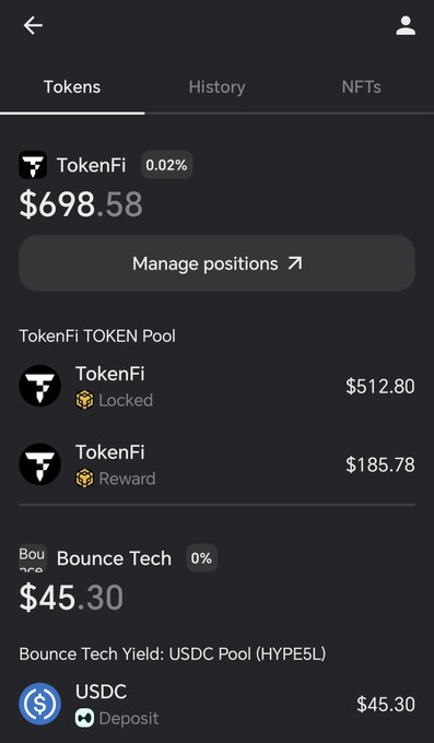 A screenshot of a cryptocurrency portfolio app showing a 'Tokens' tab with TokenFi at $698.58 (0.02%) and Bounce Tech at $45.30 (0%), along with locked and reward balances.
